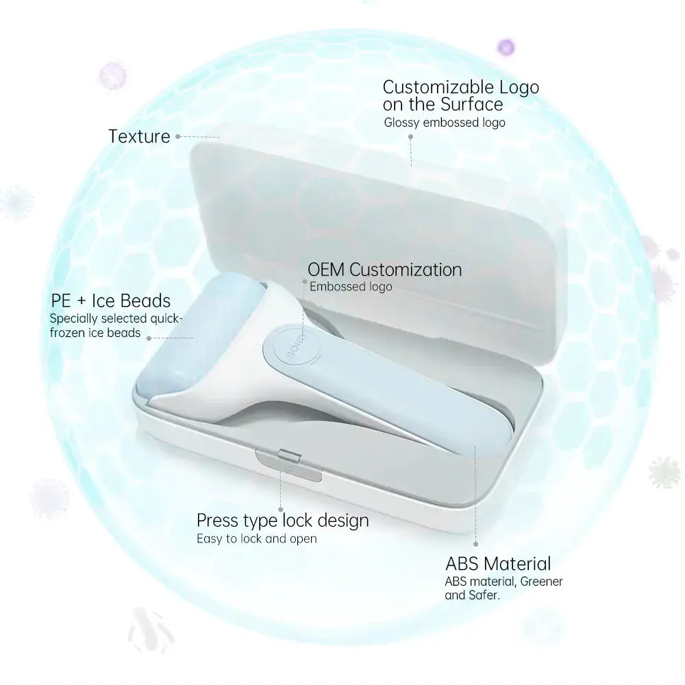 Cold Compress Roller Beauty Tool for Skincare with features like PE and Ice Beads, ABS Material, and customizable logo.