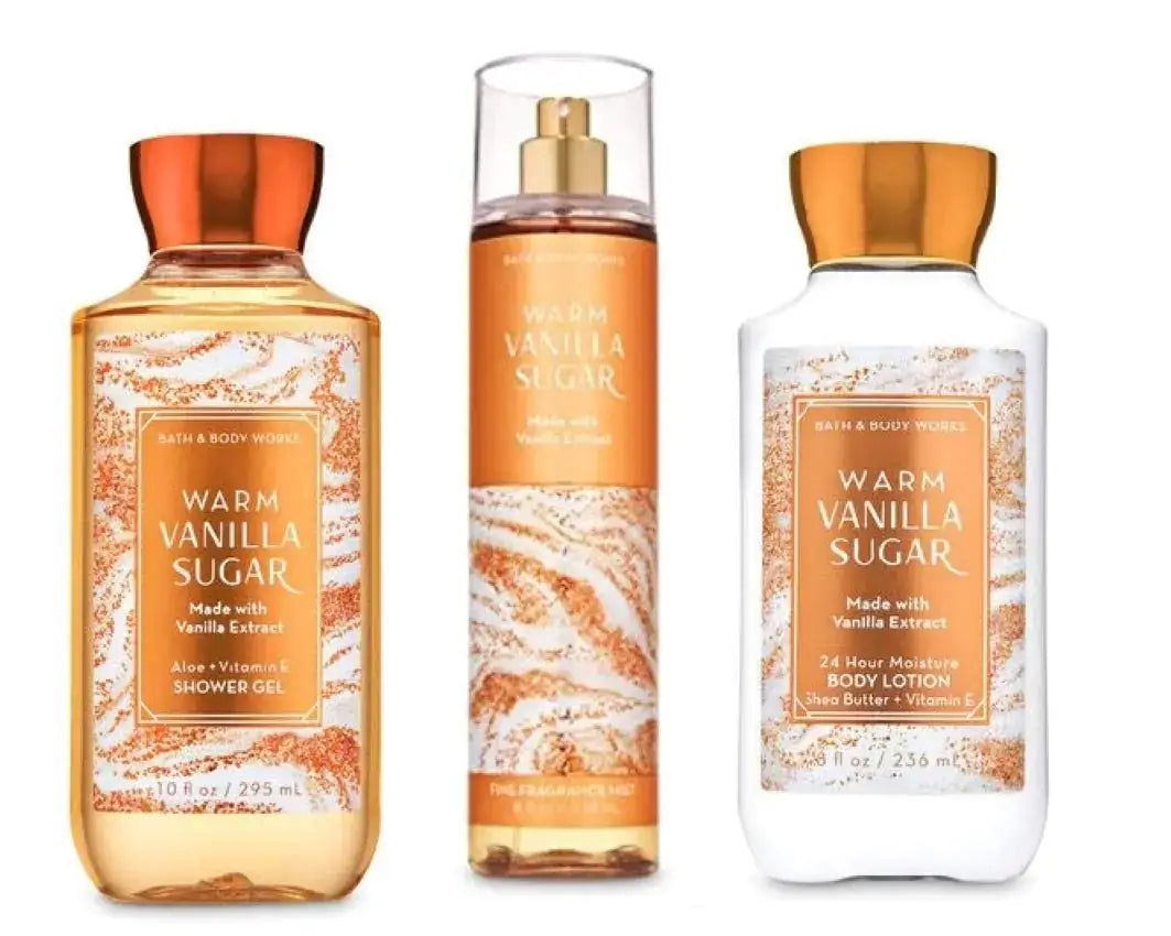 Bath & Body Works Warm Vanilla Sugars collection including shower gel, body mist, and lotion.