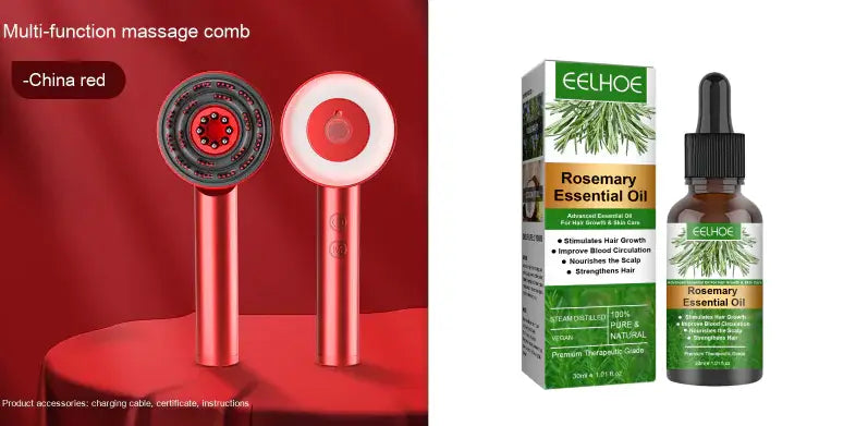 Comb Scalp Massager and Rosemary Essential Oil for healthy hair growth and improved circulation.