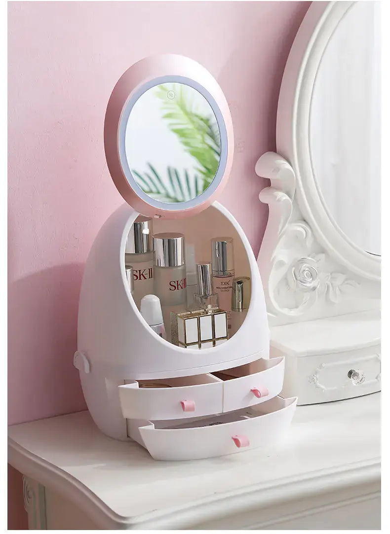 Desktop Makeup Box with LED Mirror and Skincare Holder on a vanity with skincare products and mirror.