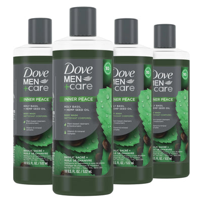 Dove Men+Care Body Wash – Inner Peace with Holy Basil and Hemp Seed Oil, four bottles for deep cleansing.