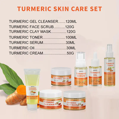 Turmeric Skincare Set showcasing various skincare products including gel cleanser, face scrub, clay mask, toner, serum, oil, and cream.