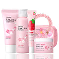 Cherry Blossom Skincare Set Christmas Gifts featuring Japan Sakura Cleanser, Toner, Essence Cream, and Lip Mask.