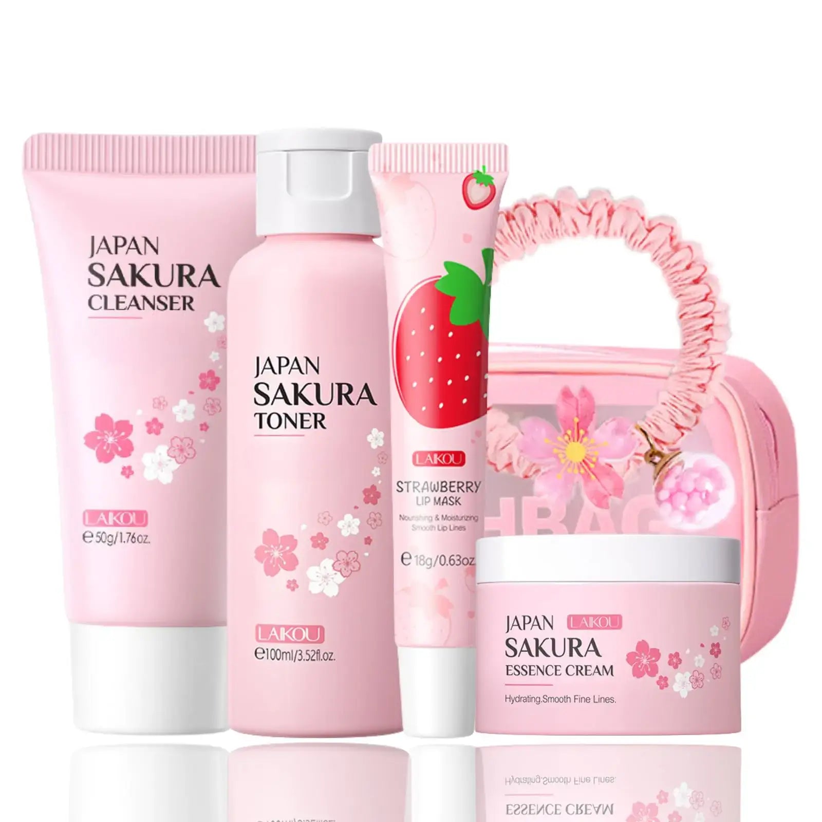 Cherry Blossom Skincare Set Christmas Gifts featuring cleanser, toner, essence cream, and lip mask in a pink travel bag.