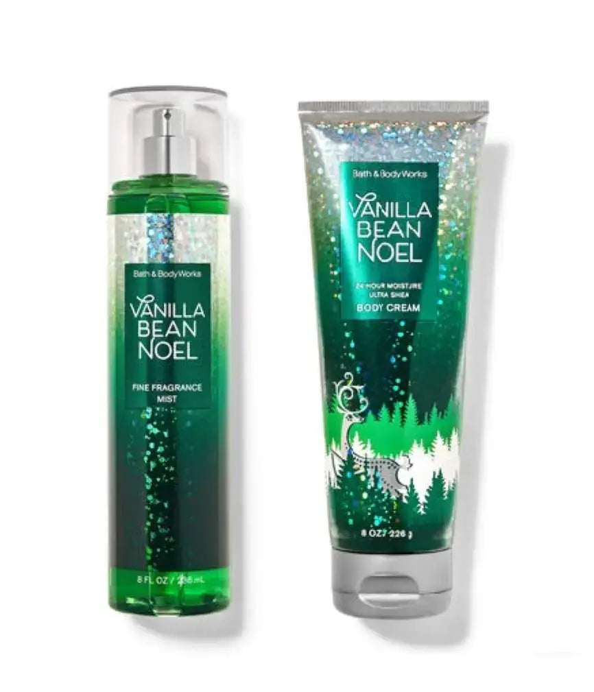 Vanilla Bean Noel Fragrance Mist & Body Cream duo in festive packaging with green and silver accents.