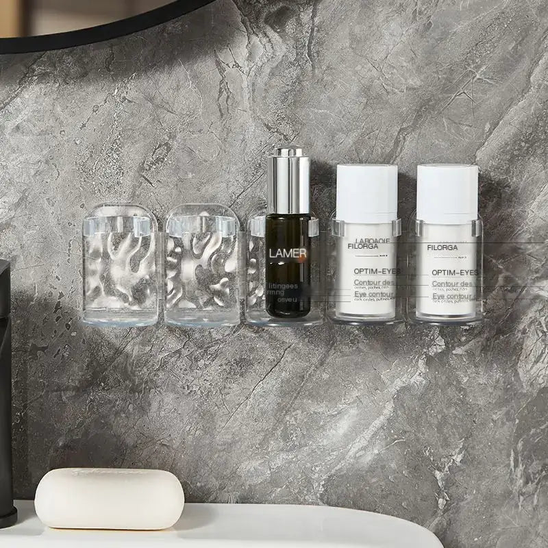 Glacier Pattern Bathroom Organizer for Skincare featuring stylish glass containers and skincare products on a modern bathroom shelf.