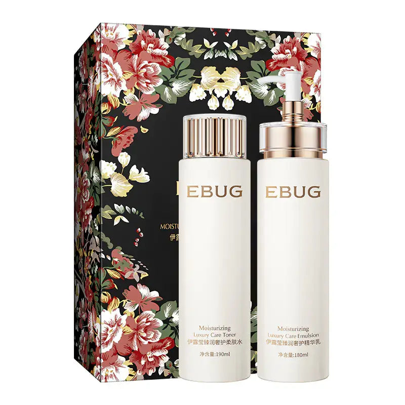 Iluying Revitalizing Herb Yeast Skincare Set in elegant floral packaging with toner and essence milk bottles.