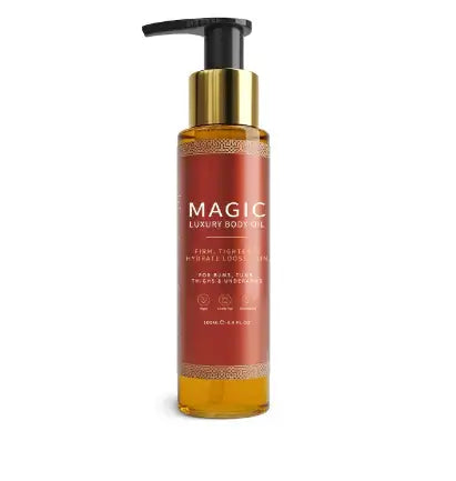Soothing Body oil in a luxurious bottle for firm, tight skin and deep hydration, featuring a pump for easy application.