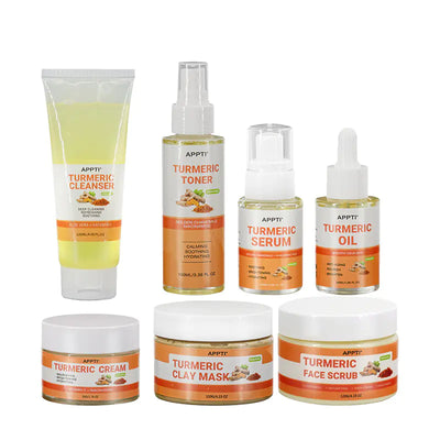 Turmeric Skincare Set featuring cleanser, toner, serum, oil, clay mask, cream, and face scrub for radiant skin.