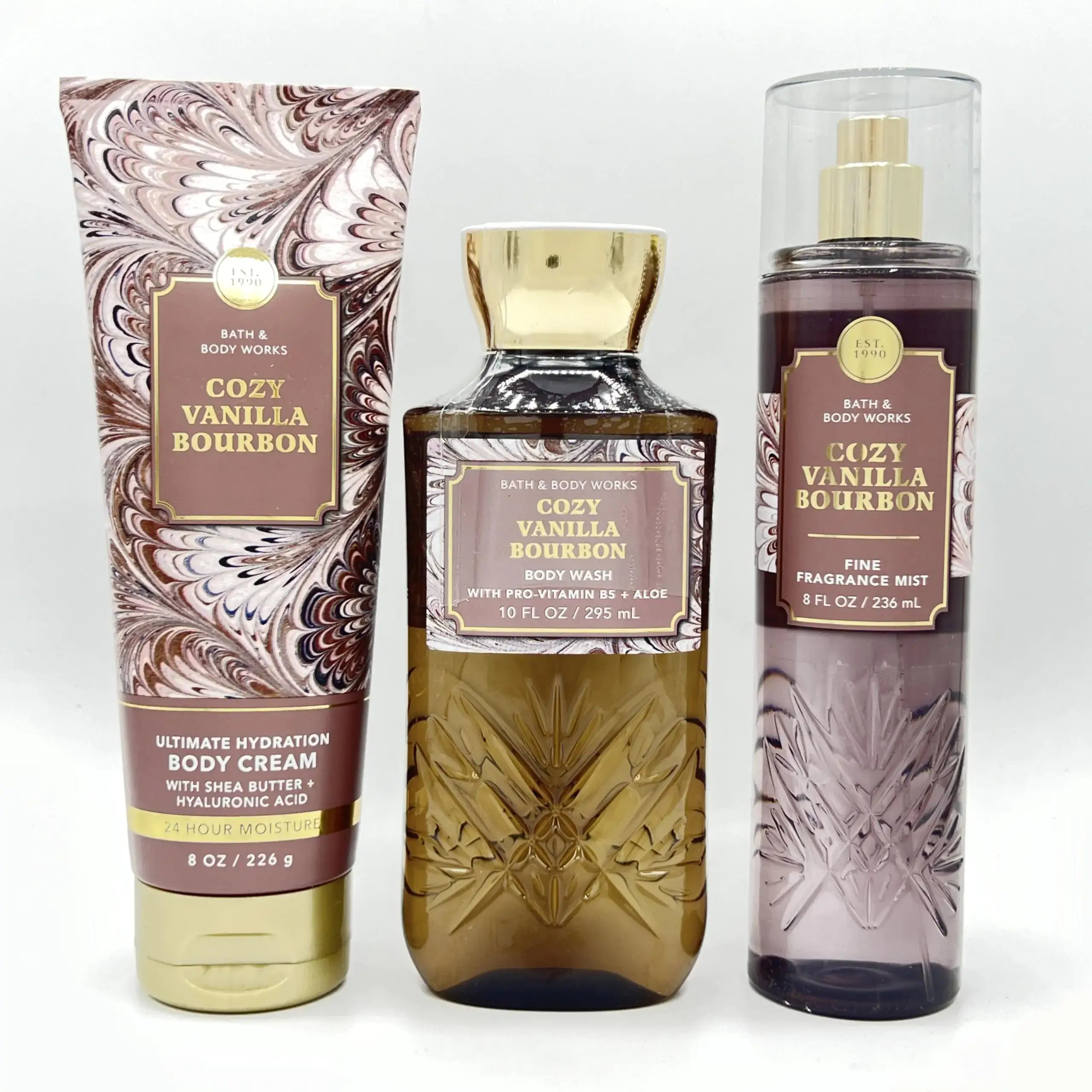 Cozy Vanilla Bourbon Bath & Body 3-Piece Bundle featuring body cream, body wash, and fine fragrance mist.