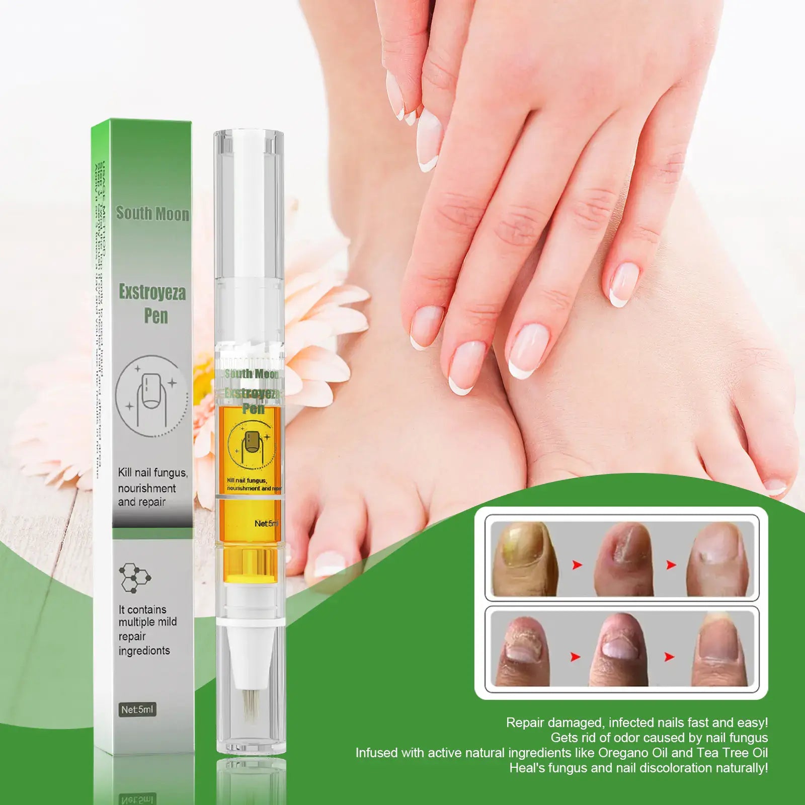 South Moon Nail Care Repair Liquid for Healthy Nails in a nail treatment pen with hands and feet.