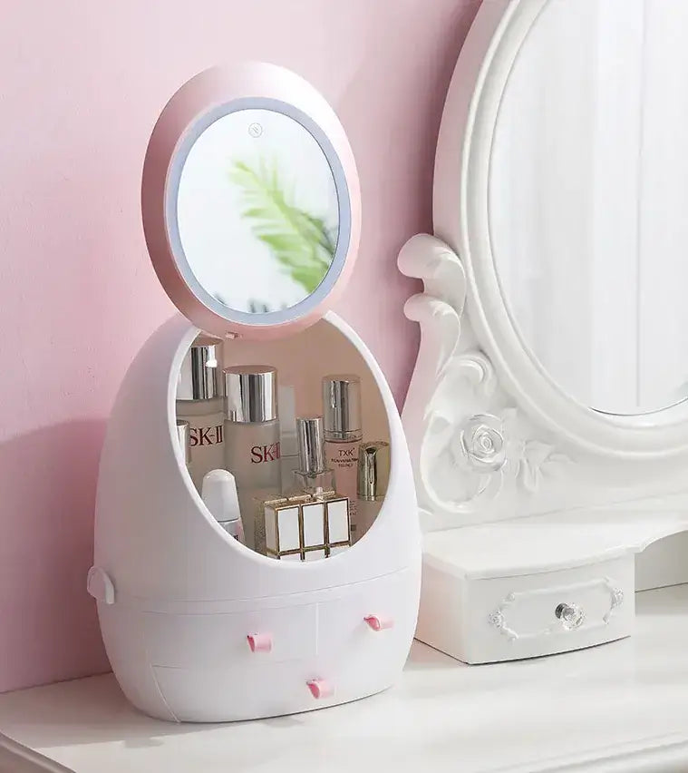 Desktop Makeup Box with LED Mirror and Skincare Holder showcasing storage for beauty essentials.