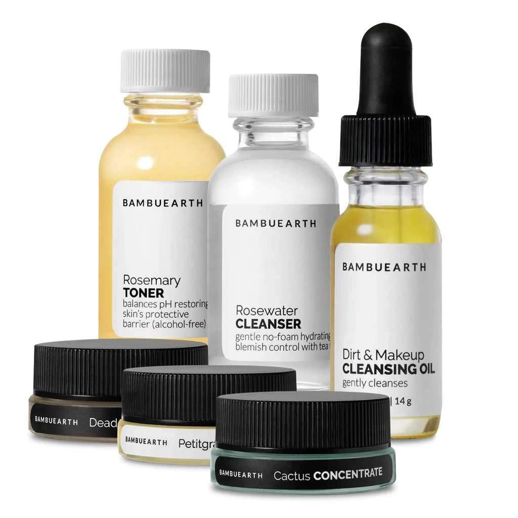 Bambu Earth Natural Skincare collection featuring toner, cleanser, and cleansing oil for nourished skin.
