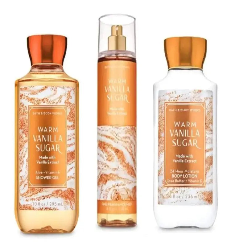 Bath & Body Works Warm Vanilla Sugars products including shower gel, body lotion, and fragrance mist.