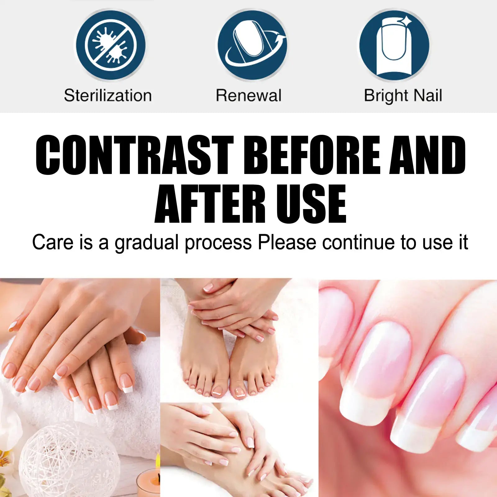 South Moon Nail Care Repair Liquid for Healthy Nails before and after use showcasing sterilization and nail renewal.