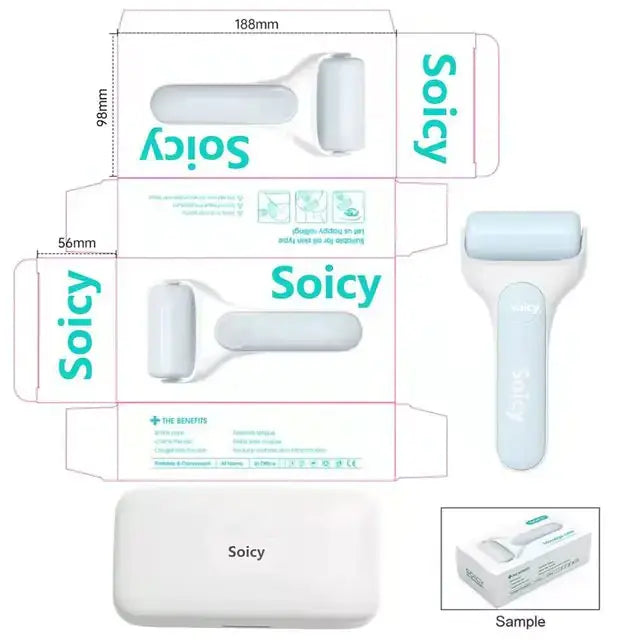 Cold Compress Roller Beauty Tool for Skincare in packaging showing ergonomic handle and stainless steel roller.