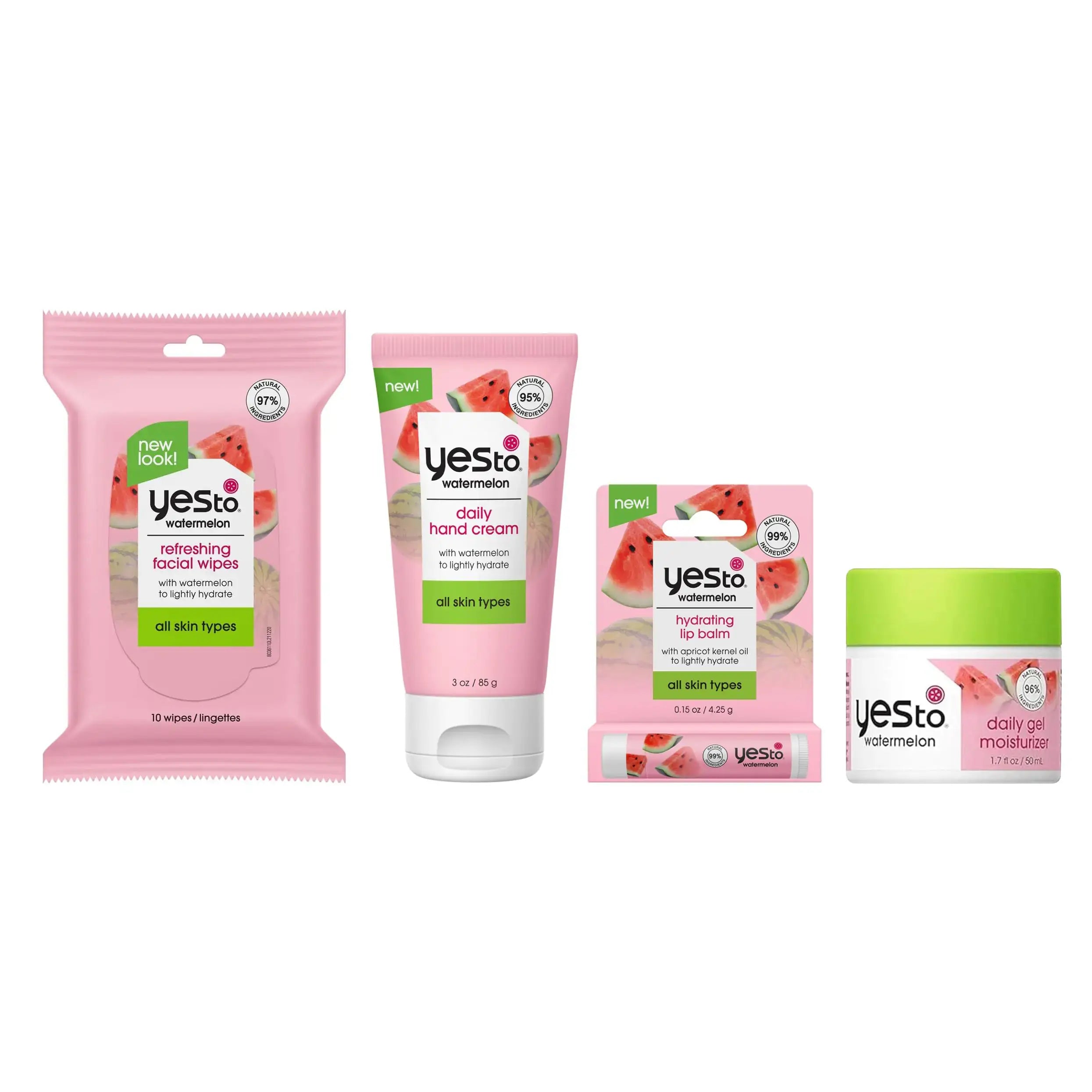 Watermelon Skincare Essentials Set featuring cleansing wipes, hand cream, lip balm, and gel moisturizer.