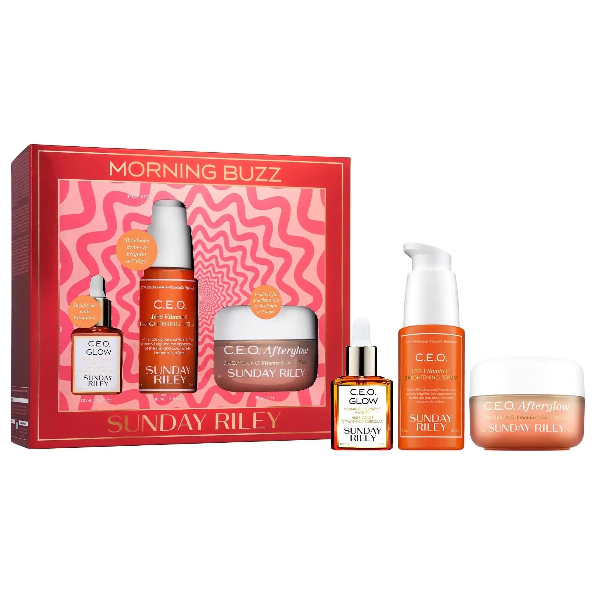 Morning Buzz Vitamin C Brightening Trio Skincare Set with three products in vibrant packaging.
