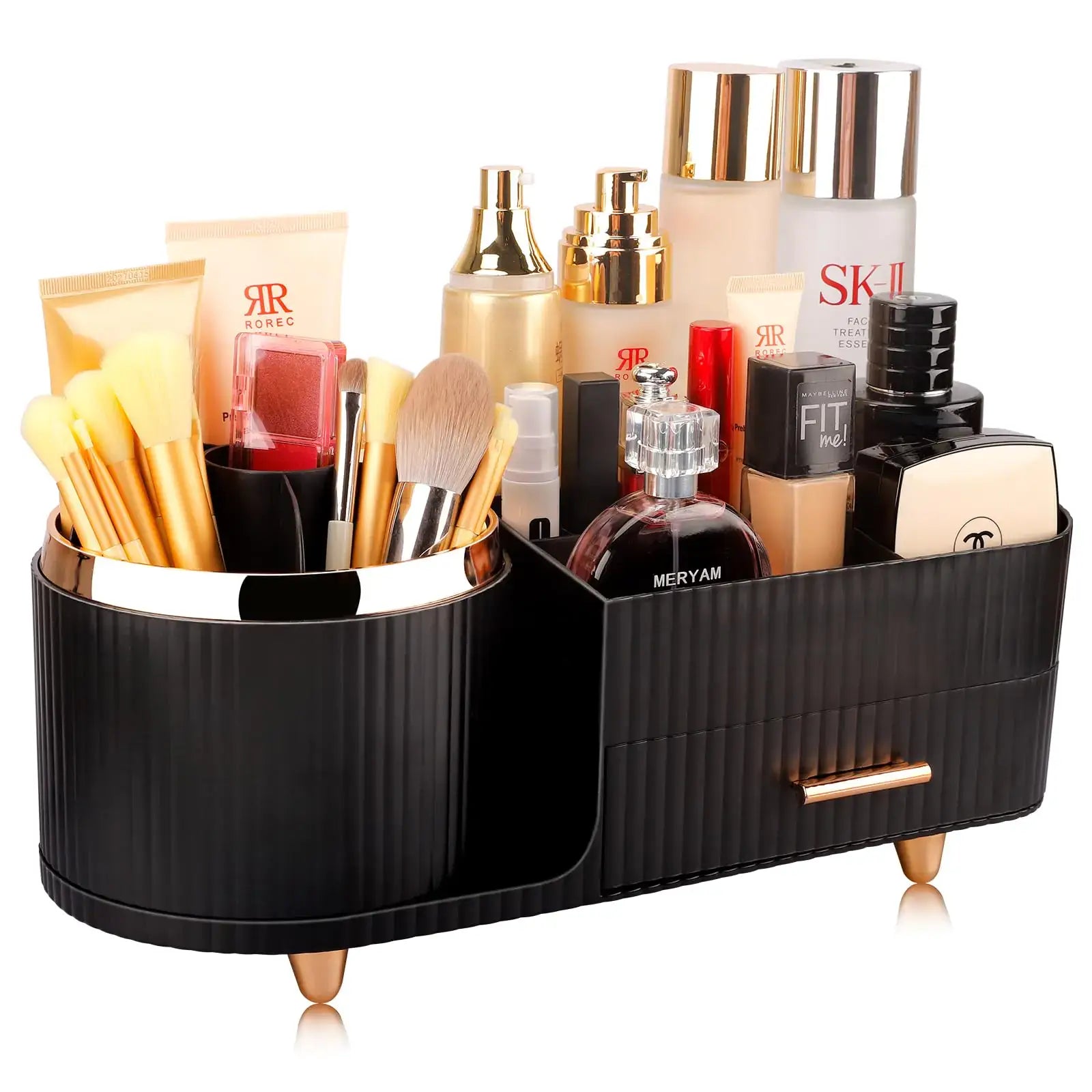 Rotating Makeup Organizer for Vanity Drawers Large Capacity Cosmetic filled with beauty products and brushes.