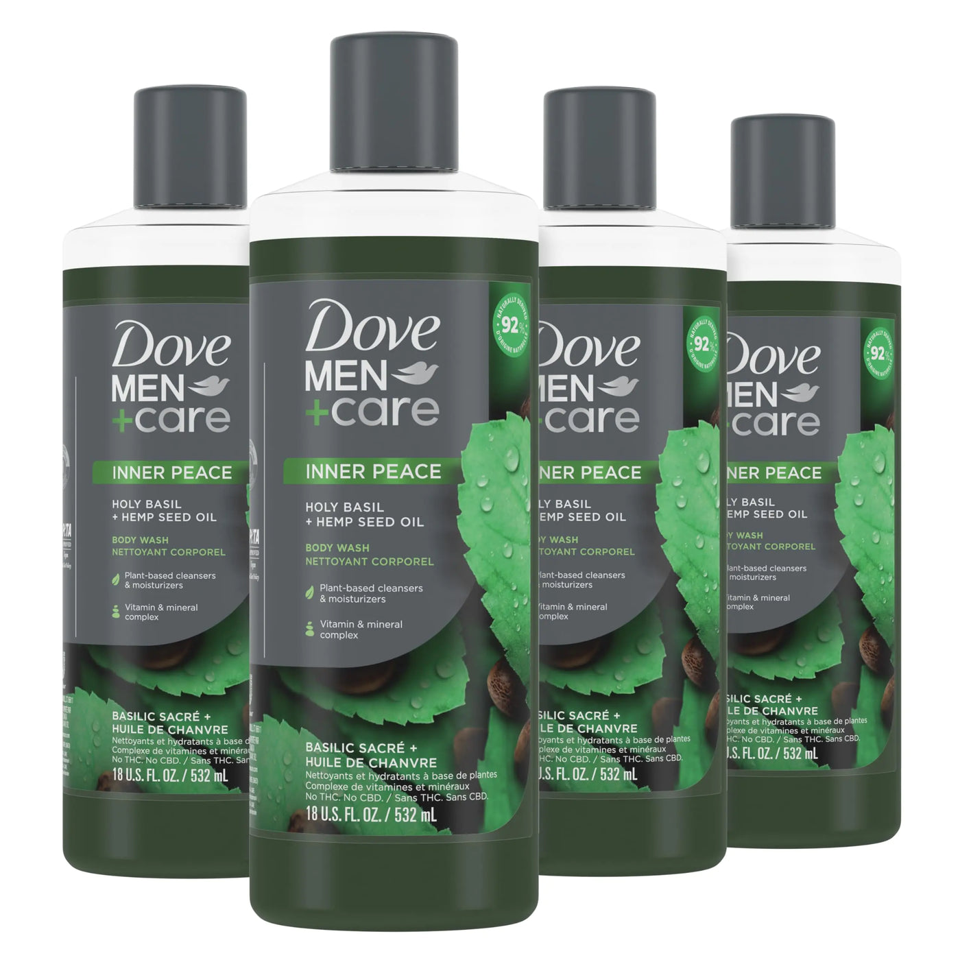 Dove Men+Care Body Wash – Inner Peace with Holy Basil and Hemp Seed Oil, 18 fl oz, 4 pack.