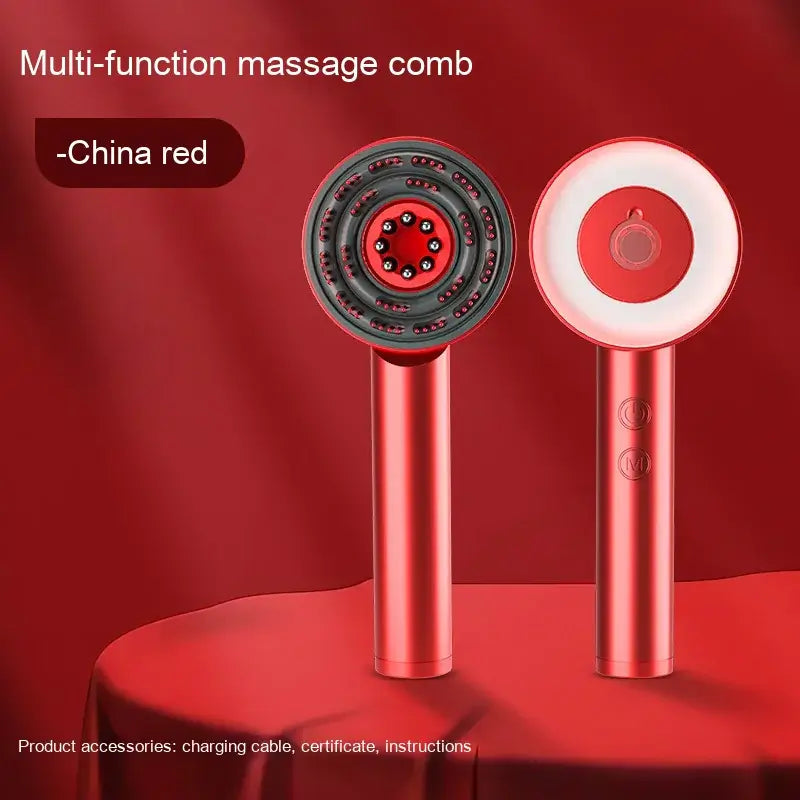 Comb Scalp Massager in China red color on a red surface, designed for relaxation and scalp stimulation