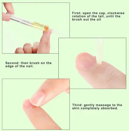 Instructions for using Fruit-Scented Nail Care Oil: apply, brush on the nail edge, and massage for absorption.