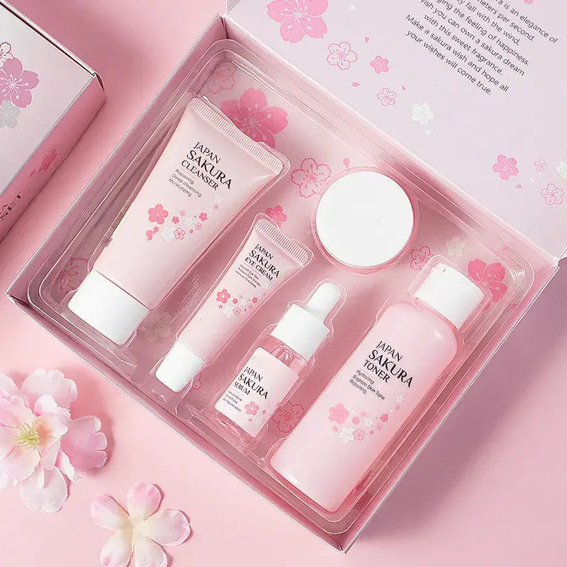 Hydrating Face Cream 5-Piece Skincare Set displayed in a pink-themed box with floral designs.