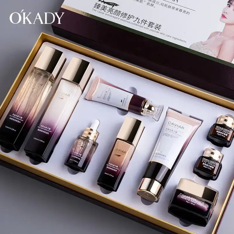Skincare Set with Yeast and Peptide Caviar displayed in elegant packaging, featuring various skincare products.