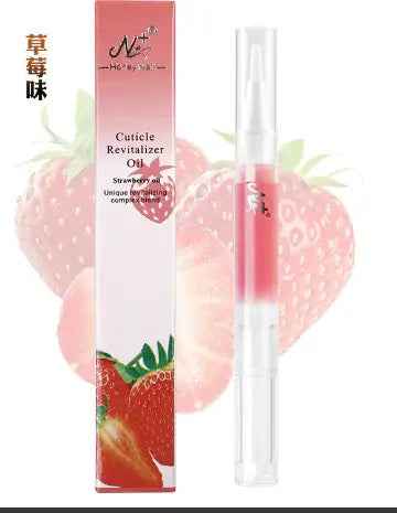 Fruit-Scented Nail Care Oil and Nourishing Pen with strawberry packaging for cuticle revitalization.