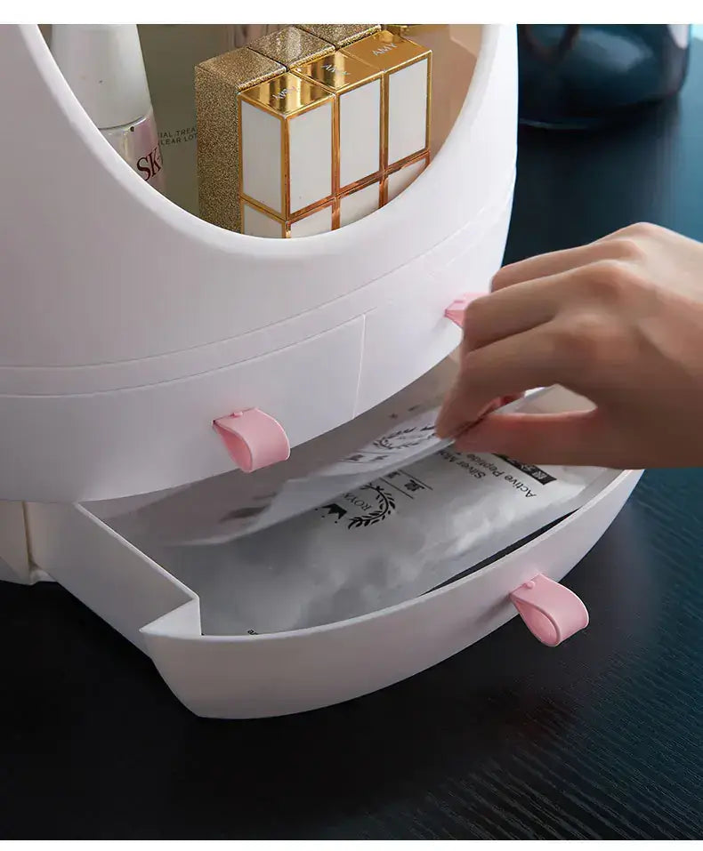 Desktop Makeup Box with LED Mirror and Skincare Holder with a drawer being opened to access skincare products.