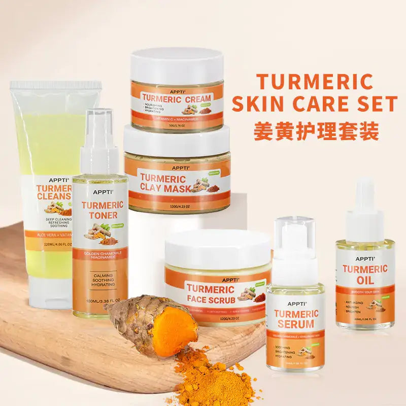 Turmeric Skincare Set | Natural Glow for Radiant Skin with various beauty products and turmeric root.