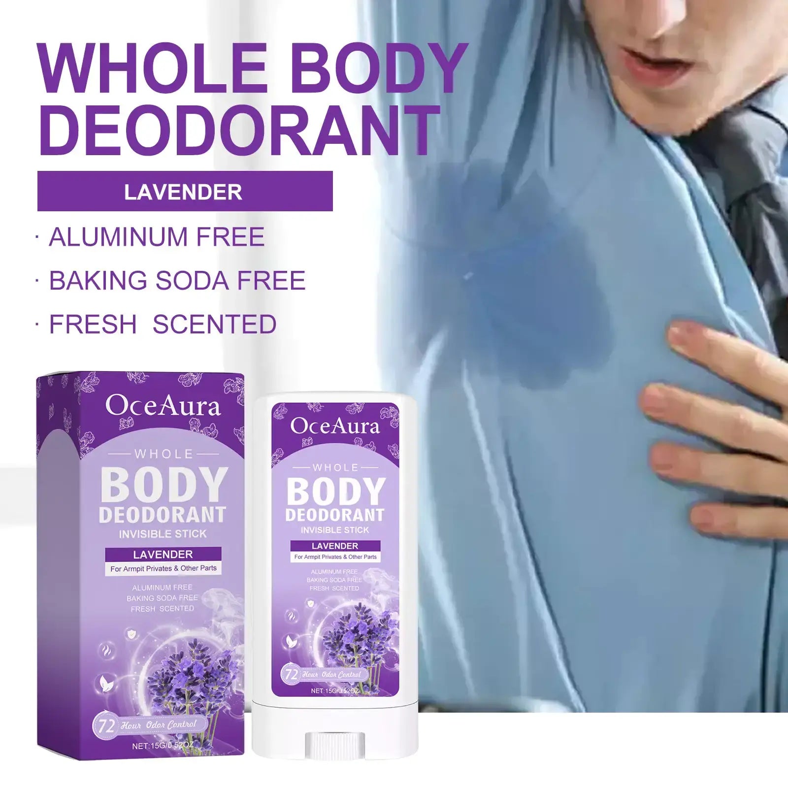Whole Body Deodorant, Antiperspirant Deodorant with lavender scent, aluminum-free and baking soda-free for all-over freshness.