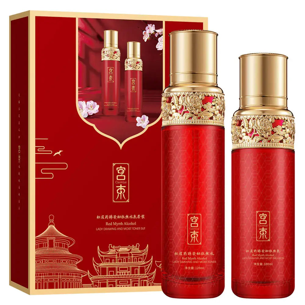 Iluying Revitalizing Herb Yeast Skincare Set featuring elegant packaging with red and gold design.