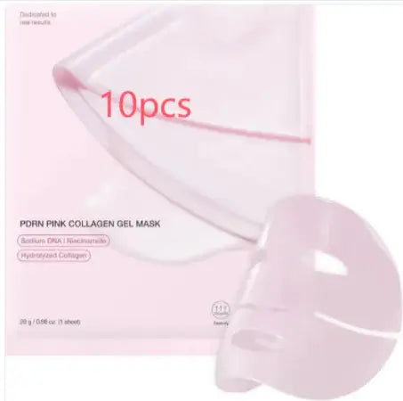 Hydrating Collagen Facial Mask package with 10 sheets, showcasing a pink gel mask enriched with sodium DNA and niacinamide.